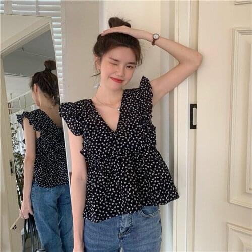 Summer 2021 New Korean Style Sleeveless Ruffled Floral Shirt Niche V-neck Elegant Slimming Top for Women