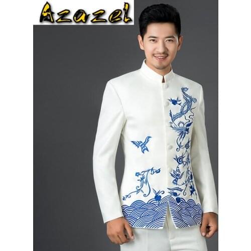 Jacket+Pant) Hot Mens Slim Groom Tuxedos New Chinese style blue and white porcelain Embroidery Fashion Suits Dress Men costume