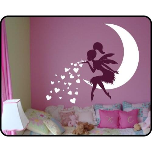 Princess Girl Bedroom Wall Decal Lovely Fairy On Moon heart Wall Stickers For Kids Room Baby Nursery Wall Art Mural Vinilos A531