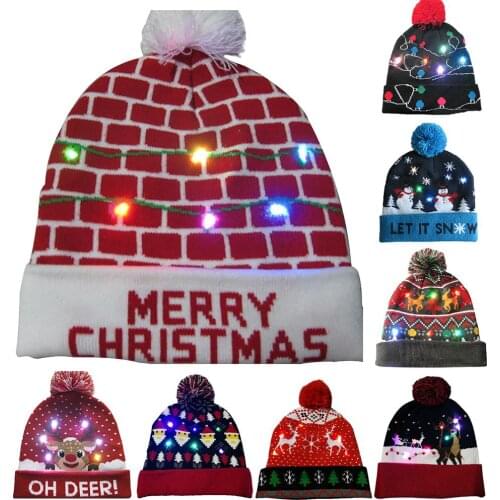 Christmas Hats Beanie Sweater LED Light Knit Hat Christmas Decorations For Home Santa Elk Hat Light Up Knitted Hat Gift For Kids