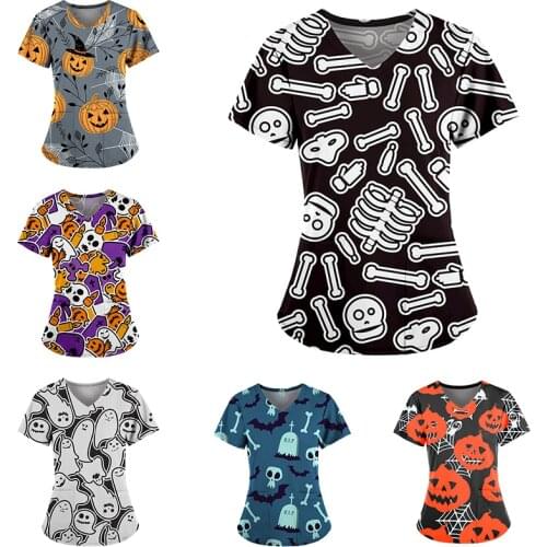 S-2XL 6Colors Halloween Skeleton Ghost Pumpkin Printed Short Sleeve Pocket Nurse Uniform Scrubs Medicaled Clinical Working Tops