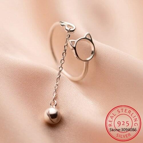 Real 925 Sterling Silver Cat Chain Adjustable Ring For Fashion Women Party Fine Jewelry Hiphop Animal Bells Accessories