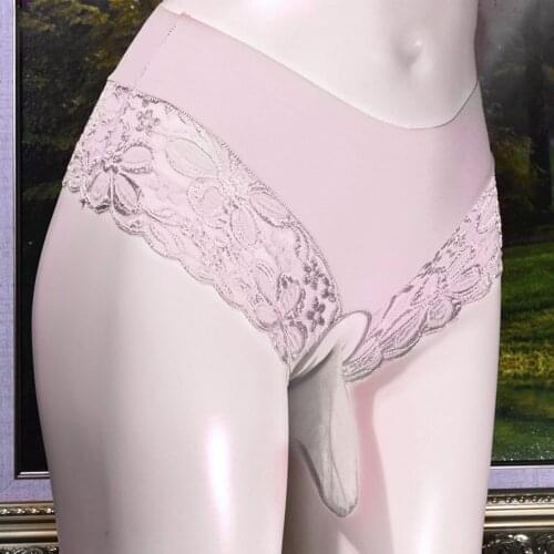 New Sexy Lace Gay Shorts Opened Penis Sleeve Breathable Underwear Men Briefs Large Size Close Crotch Oily Penis Pouch Panties