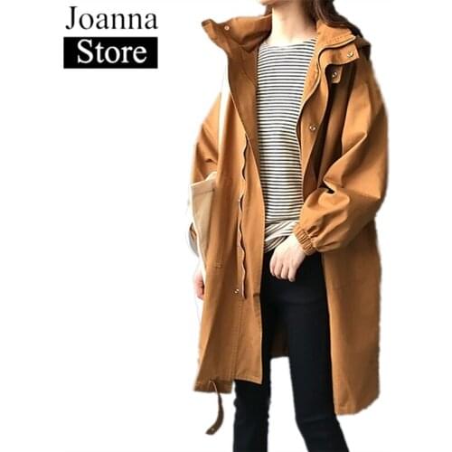 Spring New Hooded Long Windbreaker Women Long Sleeve Zipper Button Pockets Loose Coat Black Plus Size Casual Wild Clothes Female