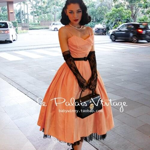 FREE SHIPPING Le palais vintage elegant vintage peach pink classic spaghetti strap one-piece dress