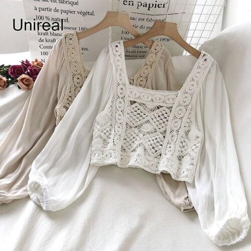 Unireal 2021 Summer Women White Lace Blouse Shirt Long Sleeve Hollow Sexy Short Beach Blouse Tops