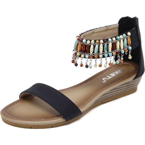 2020 Women Spring And Summer New Bohemian National Wind Hanging Beads Female Roman Toe Sandals Large Size Wedge Travel Shoes
