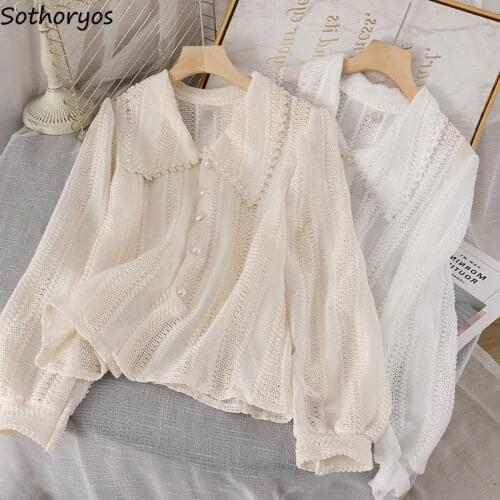 Women Shirts Solid Peter Pan Collar Kawaii Japan Style Sweet Princess Hollow Out Embroidered Flares All-match Tender XS-3XL Chic