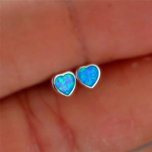 Boho Female 4/7mm Small Heart Earrings 100% Real Silver Color Earrings Vintage Blue Opal Stud Earrings For Women