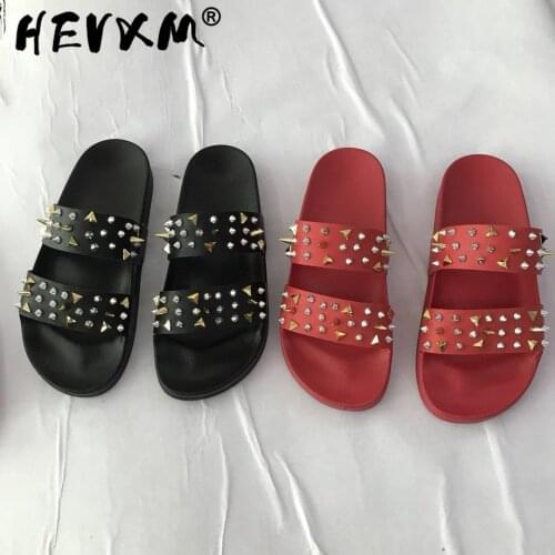 Women Black Giant Studded Sandals Gold Studs Slides Sliver Beach Shoes White Slippers Vacation Flats Mules Large Size Wholesale