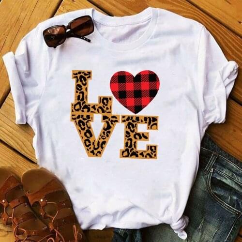 Women Sweet Love Leopard Plaid Stylish 2021 Print Valentines Day Top Clothes Lady Ladies Womens Tee T-Shirt T Shirt T-shirts