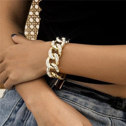 2021 Vintage Crystal Cuban Link Chain Bracelets for Women Hemp Noodles Rhinestone Chunky Thick Charm Bracelet Jewelry