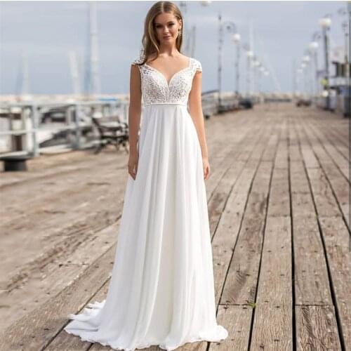 Bohemian Wedding Dress 2021 A-Line Sheer Neck Cap Sleeve Lace Sweep Train Chiffon Bride Gowns Custom Made