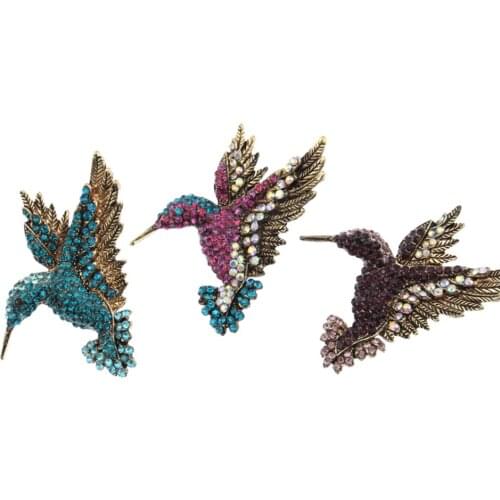 100pcs/lot 50mm Gold Tone Animal Bird Hummingbird Brooch Pin Multi Color Rhinestone Crystal Brooches Pins