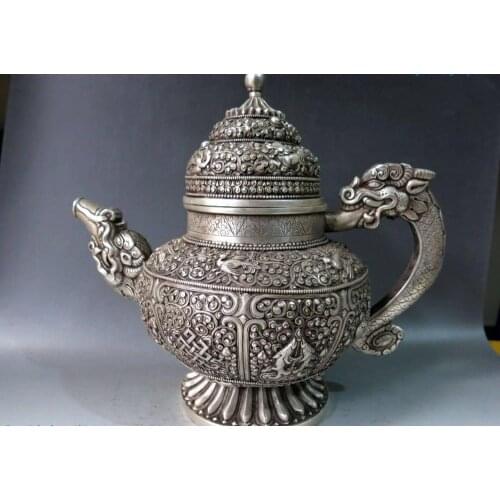 12" China Tibet silver carved Foo Dos Lion Eight treasures dragon Teapot Statue