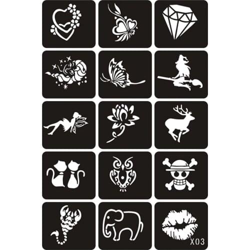 15pcs Small Glitter Tattoo Stencils Woman Girl Kids Drawing Template,Flower Butterfly Cartoon Airbrush Tattoo Stencil 6*4.8cm X3
