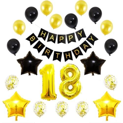 18 Birthday Party Decorations Adult Black Gold Happy Birthday Balloon Banner Confetti Latex Balloons 16 20 21 30 40 50 60th
