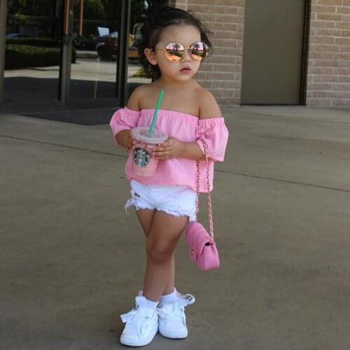 2017 girl outfit set / Pink off-shoulder t-shirt + white jeans