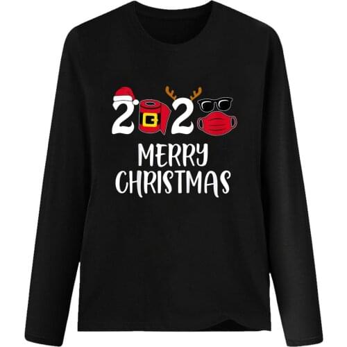 2020 Merry Christmas Graphic Graphic Tees T Shirts Funny Women Tops Fashion Tshirt Long Sleeve Woman Female Winter Clothing