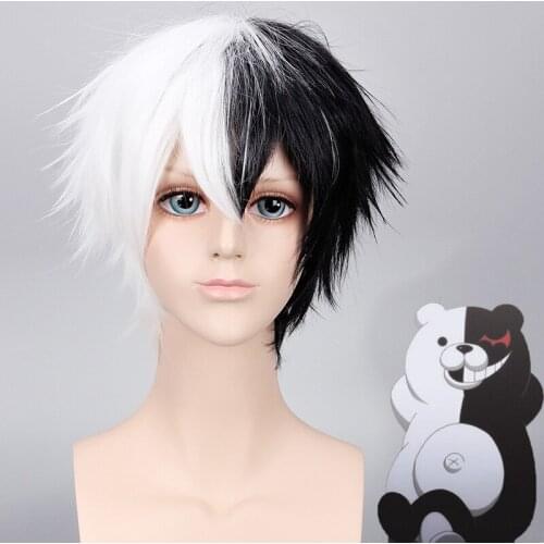 Anime Danganronpa Monokuma Wig Cosplay Costume Dangan Ronpa Women Men Short White Black Synthetic Hair Party Wigs D29377AD