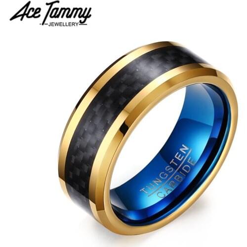 8MM Gold Wedding Band Tungsten Men Ring with Carbon Fiber Inlay Comfort Fit Polished Shiny Male Jewelry Dropshipping