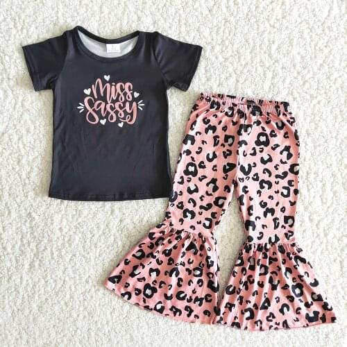 Boutique Kids Summer Short Sleeve Outfits Toddler Girl Black Top And Bells Set Letters Design Leopard Clothing Suit