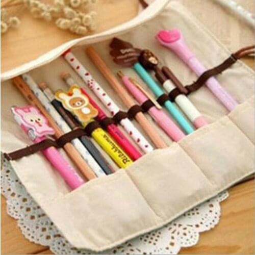 1PC Cute Vintage Canvas Bag Wrap Roll Up Stationery Pen Bag Gift Pendant Pencil Case Pouch School Supplies