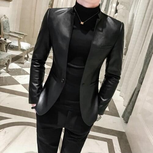 Stand Leather Slim Fit Giacca Uomo Elegante Madarim Collar Solid Black Business Casual Suit Jacket Men Blazer