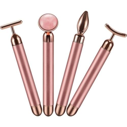 4-In-1Face Lift Metal Jade Rose Quartz Roller Vibrating Jade Stick Gold Energy 24k Gold Beauty Bar T/V Shaped Face Lifting Slimm