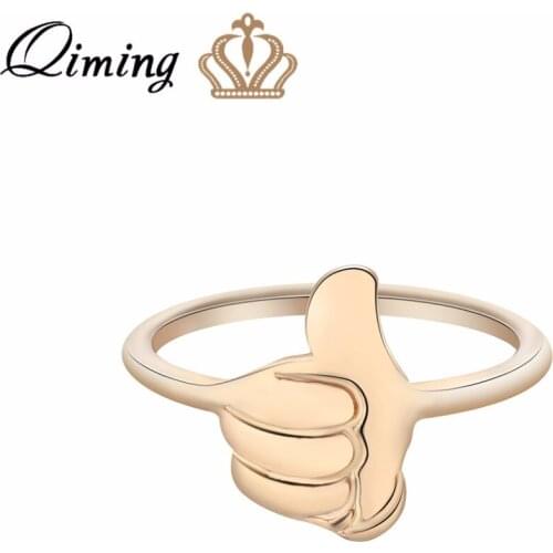 QIMING Thumbs Up Fashion Rings Ladies Women Gesture Hand "Good " Gold fashion Wholesale Jewelry Gift Ring Female Bague