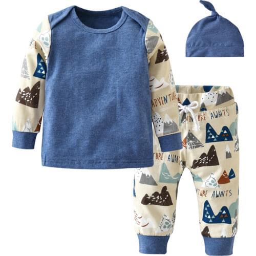Autumn Baby Boy Clothes Long Sleeve Patchwork T-shirt+Pants+Cap Infant 3pcs Suit Newborn Baby Boys Clothing Set