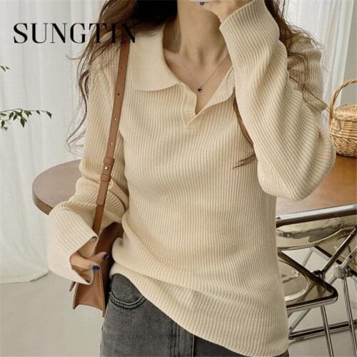 Sungtin Daily Solid Slim V Neck Sweater Pullover Women Spring Autumn Basic Elastic Female Ribbed Pullover Chic Korean Fashion