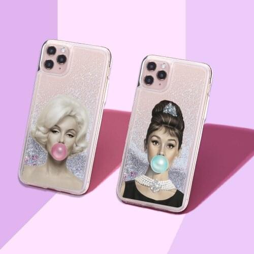 Sexy Audrey Hepburn Marilyn Monroe Sparkle Liquid Real Glitter Phone Case Cover for iPhone 11 X XS XR Max Pro 7 8 7Plus 8Plus 6