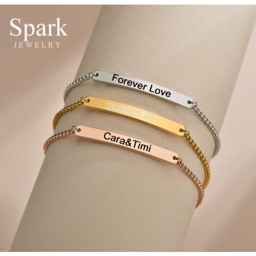 Spark Custom Engraving Name Date ID Bracelet For Kids Adult Stainless Steel Adjustable Chain Bracelets For Family Birthday Gift