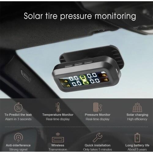 Auto Tire Pressure Monitor Systems Car Solar TPMS Security Alarm Air leak Warning Temperature Pressure Monitoring Bar Psi