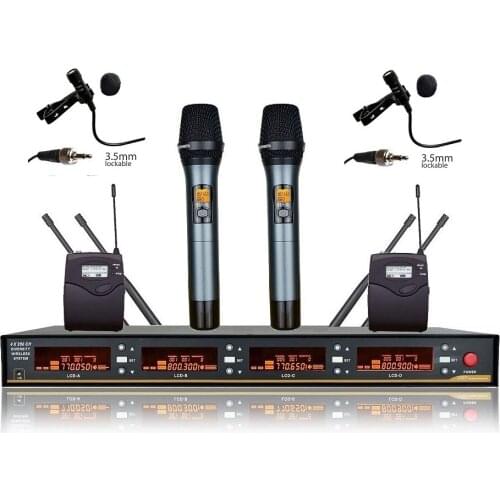 UHF Professional Wireless 2 Handheld 2 Lapel Microphone System Diversity Headworn Headset cordless Mic For Church Theater