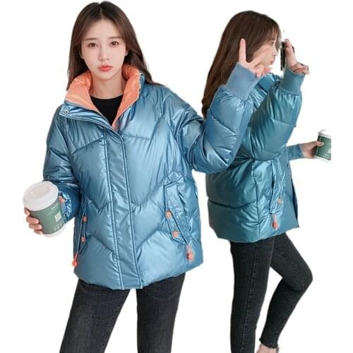 2022 Womens Down cotton Jacket Solid Stand Collar Long Sleeve Ladies Black Parka Zipper Pockets Winter Thick Coat for Female