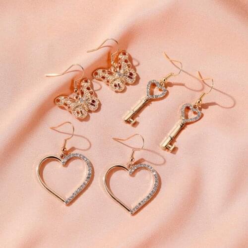 2020 New Cute Fashion jewelry Alloy Gold Color Hollow butterfly Heart Key Drop Earring For Women best Gift Handmade Date Jewelry
