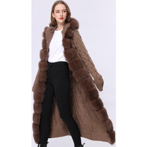 Janefur Long Cardigan For Women Real Fox Fur Solid Hooded Sweater Autumn Winter Female Coat Casual Ribbed Knitted Long Outwear