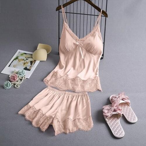 Womens V-Neck Pajamas Sets Lace Top Pants Sleepwear Suit Home Wear Nightwear Sexy Silk Satin Bath Gown Strap nightie
