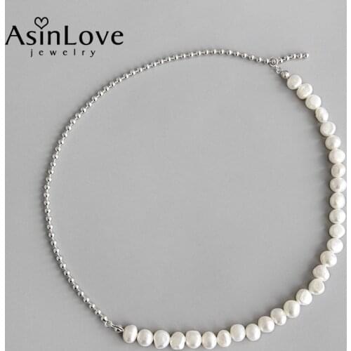 AsinLove Fashion Baroque Freshwater Pearls Necklace for Women Handmade Design Real 925 Sterling Silver Beads Chain Fine Jewelry