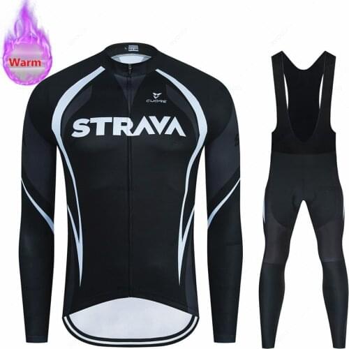 2022 Strava Team Winter Thermal Fleece Long Sleeve Cycling Jersey Set MTB Bicycle Maillot Ropa Ciclismo Bike Clothing Uniform