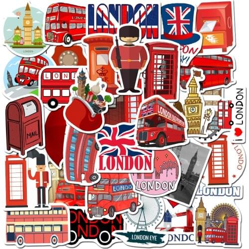 10/30/50PCS Classic Fashion Cartoon Bus Phone Booth London England UK London Red Laptop Mobile Phone Trunk Sticker Wholesale