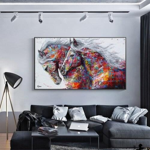 Graffiti Color Abstract Animal Two Horses Impression Painting Poster Printing Oil Painting Wall Pictures for Living Room