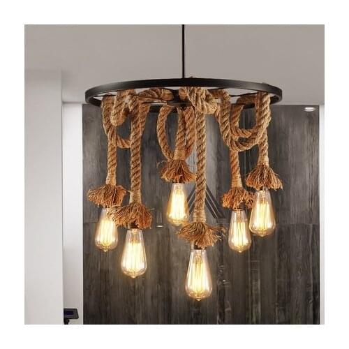 American retro loft wrought iron hemp rope pendant lights round Wheel iron lamp E27 with Edison Bulbs for Cafe restaurant bar