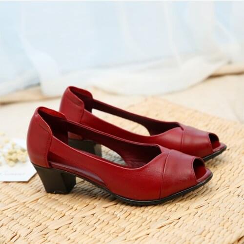 Summer Genuine Leather Comfortable Ladies Mid Heel Sandals Women Shoes Hollow Peep Toe Square Heel Sandals Woman Black