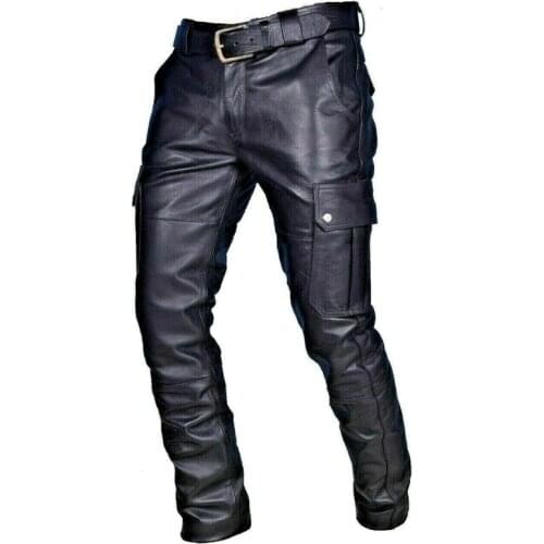 Idopy Men`s Motorcycle Faux Leather Cargo Pants Multi Pockets Biker Rider PU Joggings Trousers For Male