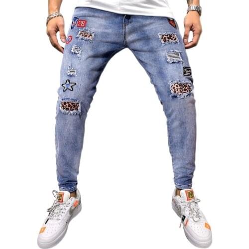 Autumn New Mens Hole Leopard Jeans Fashion Male Hip Hop Embroidery Skinny Denim Trousers Man Vintage Patchwork Ripped Jean Pants