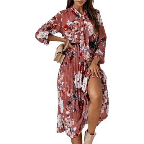 Elegant Women Dress Loose Floral Long Lantern Sleeve Pleated Dress Women Mid-Calf Dress Women Accessory Vestidos