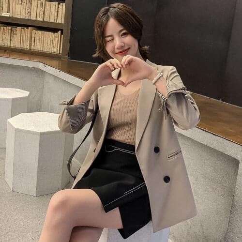 HStar 2020 Solid Woman Blazer Jacket Coat Double Breasted Chic Long Sleeve Suit Female Khaki Pink Casual Cardigan